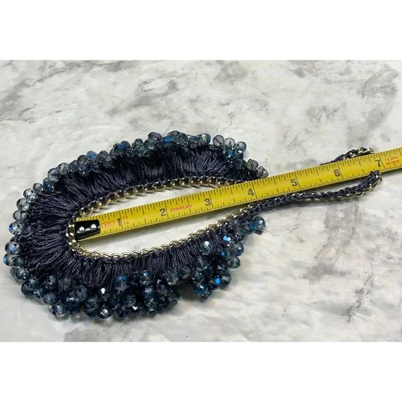 Vintage Blue Beaded Necklace Choker Crochet Bib Silver Tone 14" Long - Picture 3 of 6